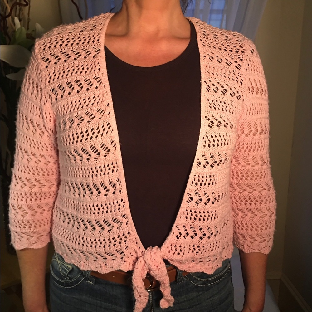 Open Weave 3/4 Sleeve Cropped Sweater